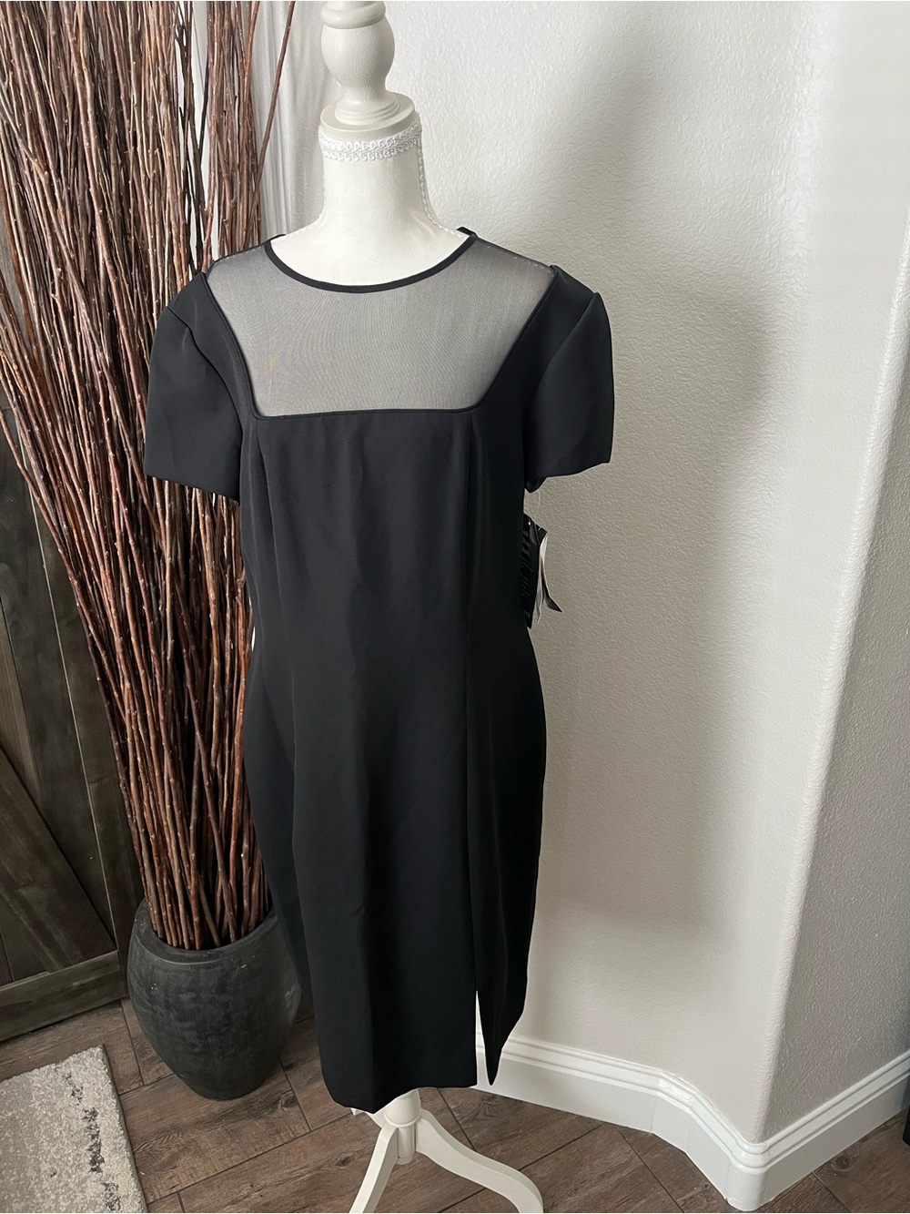 Liz Claiborne Black Midi Dress with Sheer Yoke and Short Sleeves